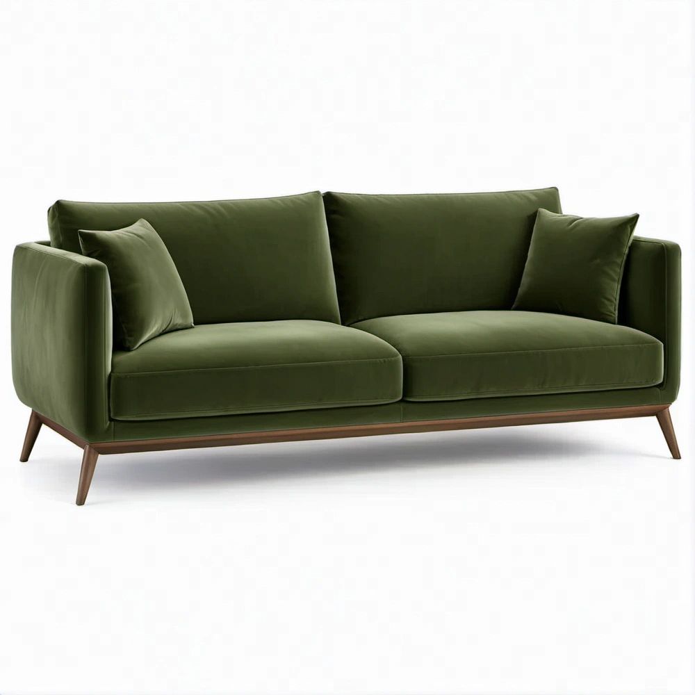 Divano 2 posti in velluto verde oliva con gambe color noce, 180 x 85 x 82 cm