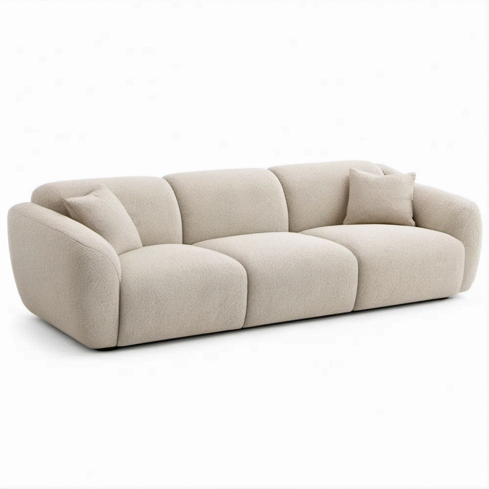 Divano curvo a 3 posti beige chiaro in tessuto bouclé, 230 x 100 x 70 cm