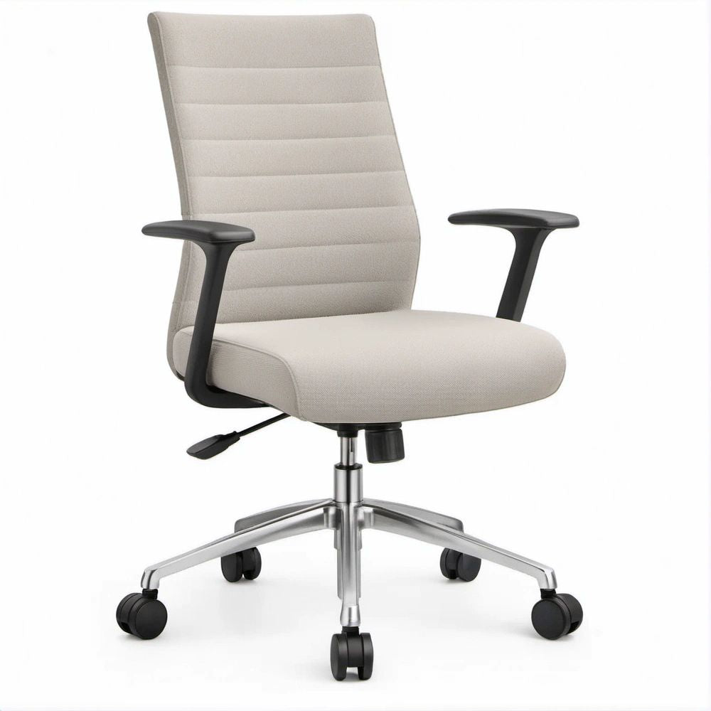 Sedia da ufficio girevole beige con schienale alto, braccioli e base cromata, 65 x 65 x 108-118 cm