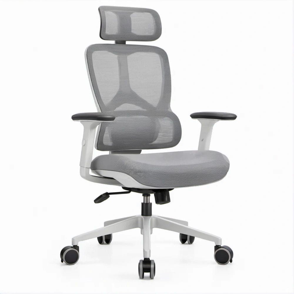 Poltrona ergonomica girevole in rete grigia con poggiatesta, 64 x 64 x 116-126 cm