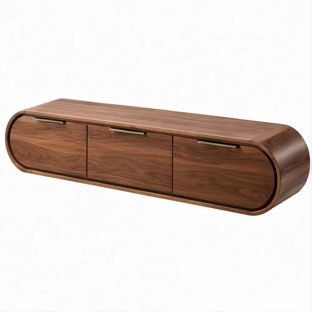 Mobile TV basso in noce con 3 ante e maniglie color ottone, 180 x 45 x 45 cm