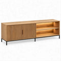 Mobile TV in rovere naturale con ante scanalate, ripiani LED e struttura nera, 160 x 40 x 65 cm