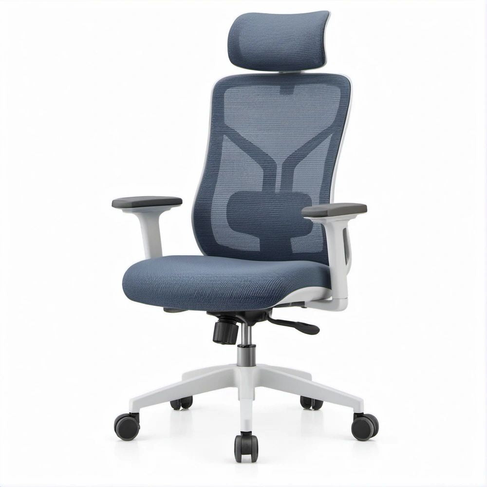Sedia ergonomica girevole blu scuro e bianca con poggiatesta, braccioli e supporto lombare, 65 x 65 x 118-128 cm