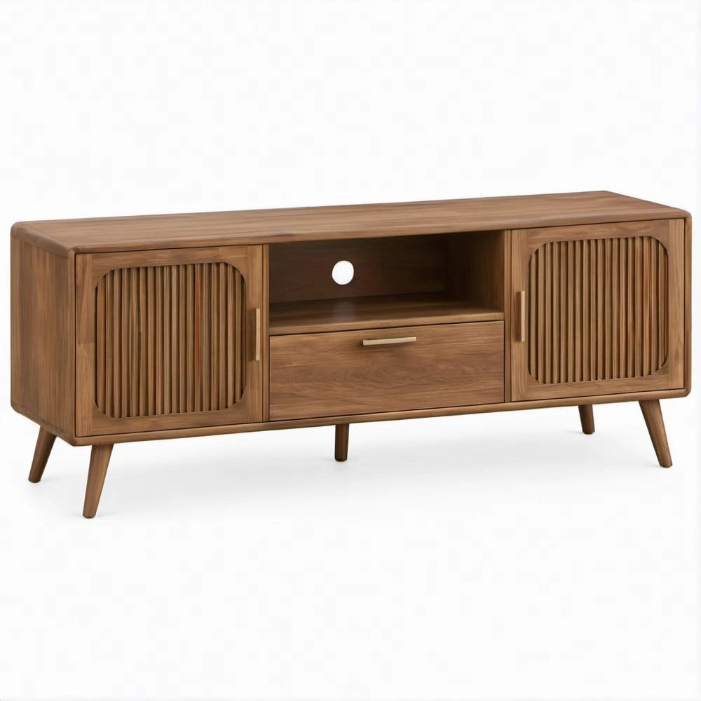 Credenza porta TV in noce con ante scanalate e cassetto, 160 x 40 x 65 cm
