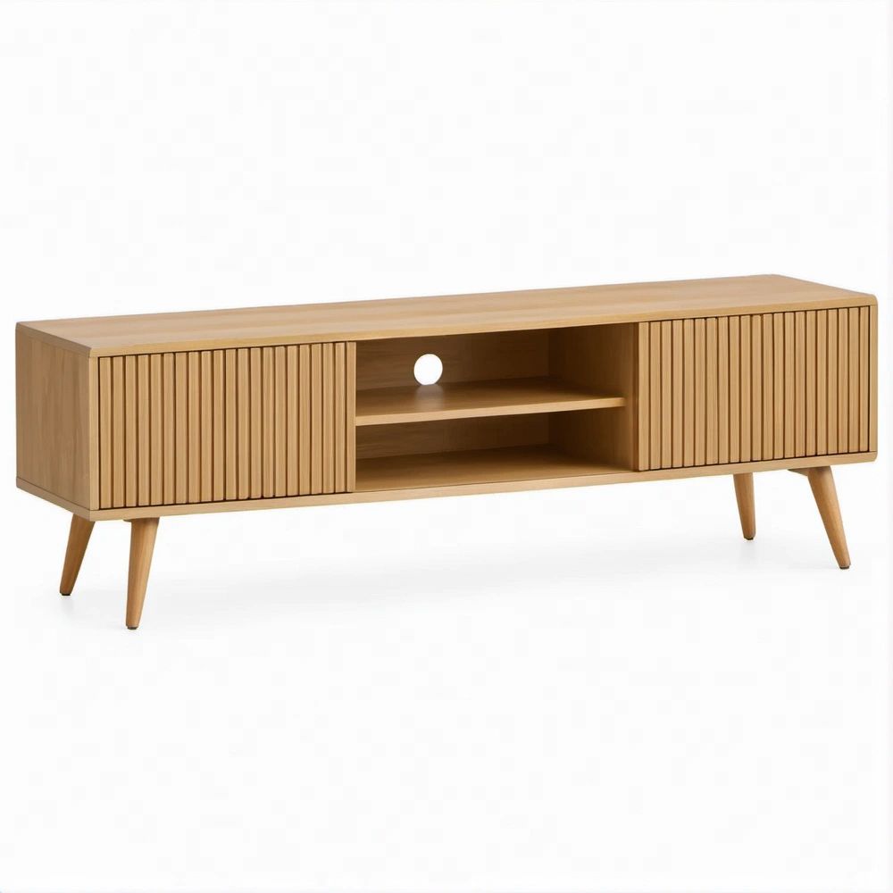 Mobile TV effetto rovere naturale con ante scanalate e ripiani, 160 x 40 x 55 cm