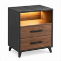 Comodino in MDF Nero e Noce con 2 Cassetti, Vano Illuminato a LED, 45 x 40 x 60 cm