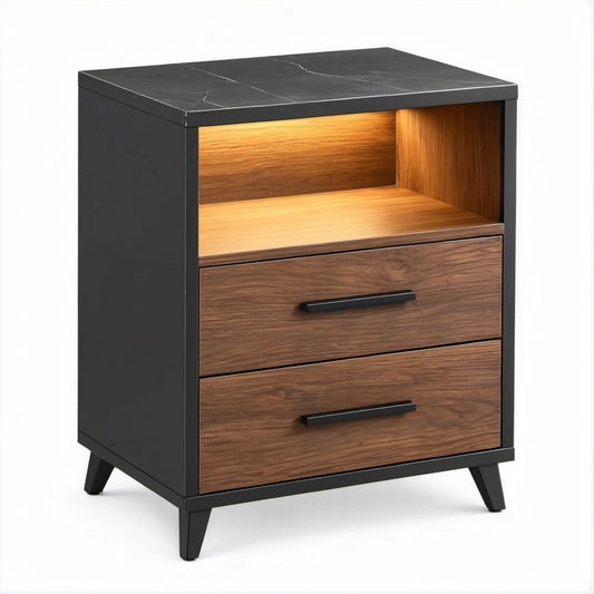 Comodino in MDF Nero e Noce con 2 Cassetti, Vano Illuminato a LED, 45 x 40 x 60 cm