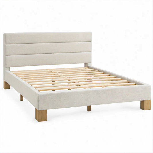 Letto matrimoniale imbottito beige chiaro con gambe naturali, testiera a pannelli e rete a doghe 160 x 200 cm