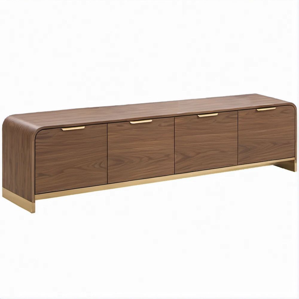 Mobile porta TV in MDF impiallacciato noce con 4 ante, 180 x 40 x 55 cm, Noce e Oro